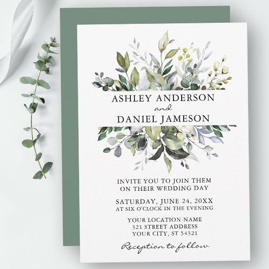 Invitation Aquarelle Botanique Verdure Sage Vert Mariage