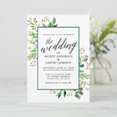 Invitation Aquarelle Botanique Vert Mariage encadré (Debout devant)