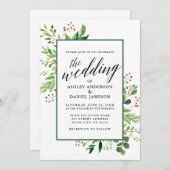 Invitation Aquarelle Botanique Vert Mariage encadré (Devant / Derrière)