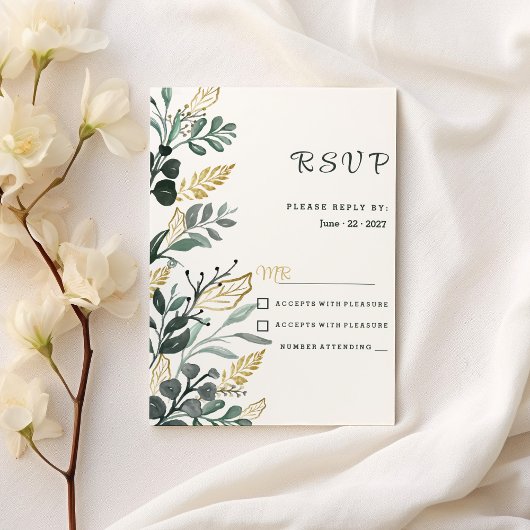 Invitation Aquarelle botanique vert or vert verdure RSVP