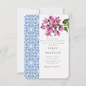 Invitation Aquarelle Bougainvillea Carreaux bleu Mariage (Devant)