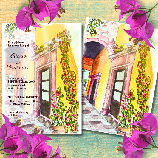 Invitation Aquarelle Bougainvillea Vieux Mexique Mariage