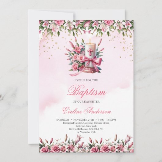 Invitation Aquarelle bougie florale lilles et rose Baptême (Devant)