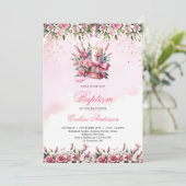 Invitation Aquarelle bougie florale lilles et rose Baptême (Debout devant)