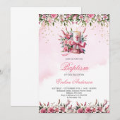 Invitation Aquarelle bougie florale lilles et rose Baptême (Devant / Derrière)