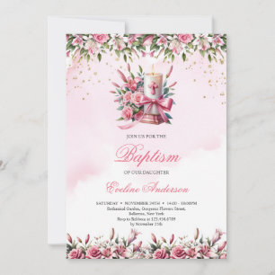 Invitation Aquarelle bougie florale lilles et rose Baptême