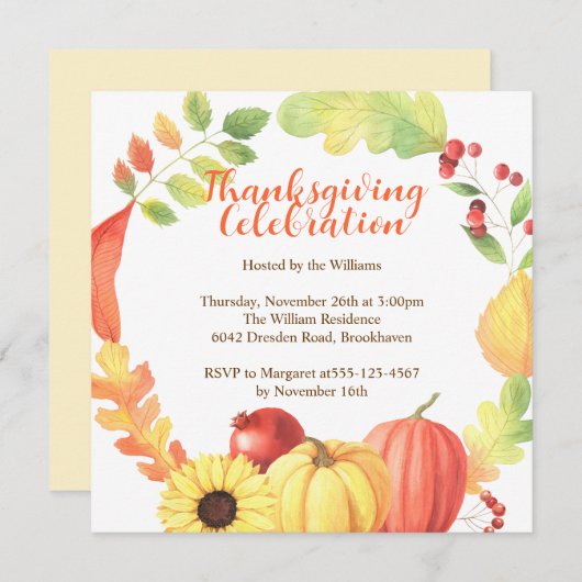 Invitation Aquarelle Bounty Bounth Citrouille Thanksgiving (Devant / Derrière)