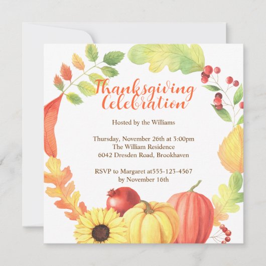 Invitation Aquarelle Bounty Bounth Citrouille Thanksgiving (Devant)