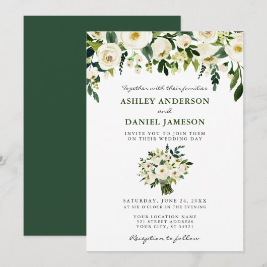 Invitation Aquarelle Bouquet floral Élégant mariage vert (Devant / Derrière)