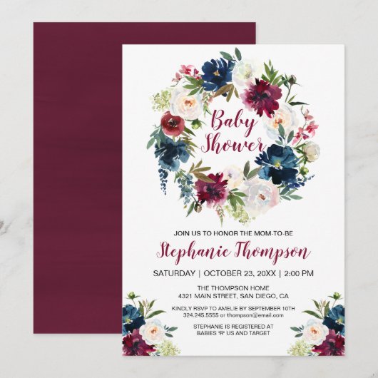Invitation Aquarelle Bourgogne Baby shower des fleurs de la m (Devant / Derrière)