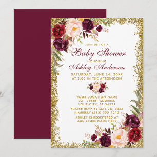 Invitation Aquarelle Bourgogne Baby shower Floral Parties sci