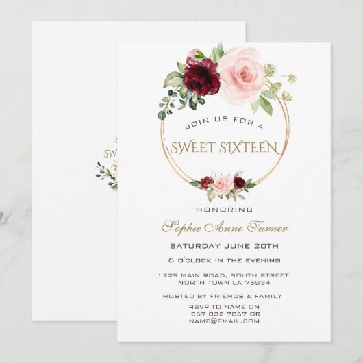 Invitation Aquarelle Bourgogne Blush Floral Gold Sweet 16 (Devant / Derrière)
