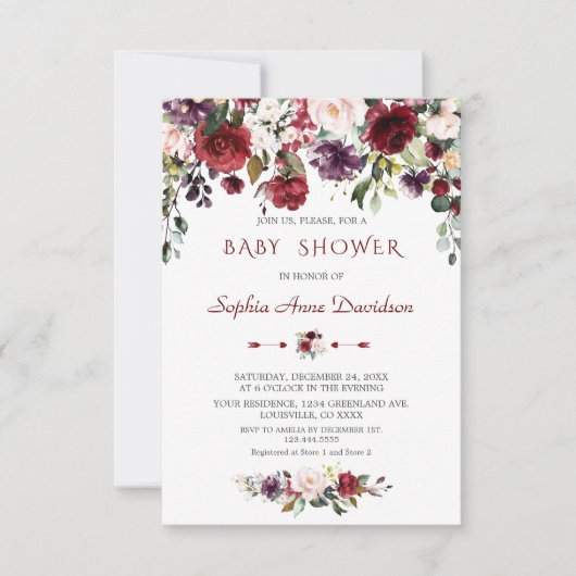 Invitation Aquarelle Bourgogne Blush Flowers Baby shower (Devant)