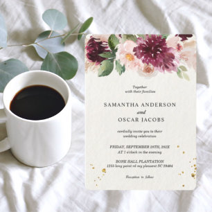 Invitation Aquarelle Bourgogne Blush rose et rouge Floral