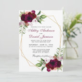 Invitation Aquarelle Bourgogne Boho Floral Gold Frame Mariage (Debout devant)