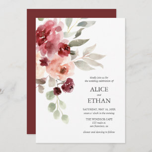Invitation Aquarelle Bourgogne Fleurs Mariage moderne