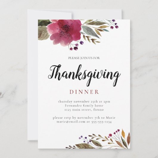 Invitation Aquarelle Bourgogne Fleurs Thanksgiving Dîner (Devant)
