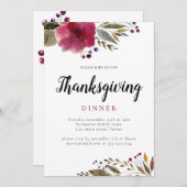 Invitation Aquarelle Bourgogne Fleurs Thanksgiving Dîner (Devant / Derrière)