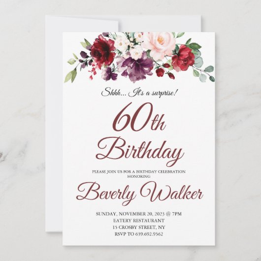 Invitation Aquarelle Bourgogne Floral 60e Anniversaire surpri (Devant)
