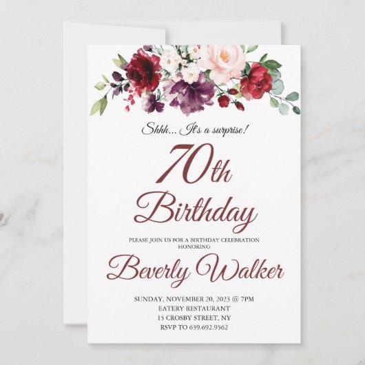 Invitation Aquarelle Bourgogne Floral 70e Anniversaire surpri (Devant)
