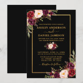 Invitation Aquarelle Bourgogne Floral Black Gold Mariage (Devant / Derrière)