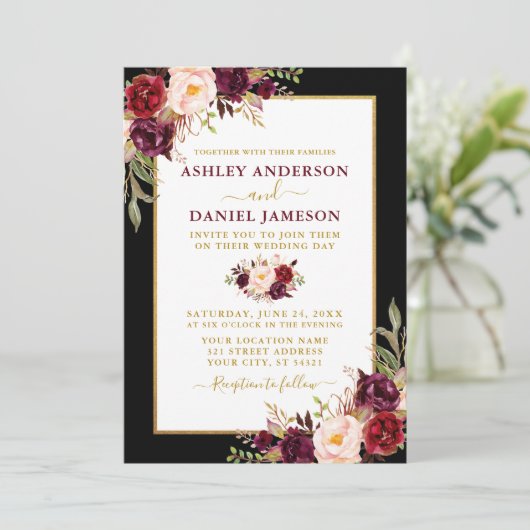 Invitation Aquarelle Bourgogne Floral Black Gold Mariage (Debout devant)