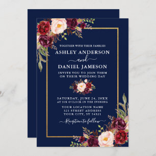 Invitation Aquarelle Bourgogne Floral Blue Gold Mariage