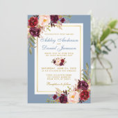 Invitation Aquarelle Bourgogne Floral Dusty Mariage bleu (Debout devant)
