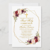 Invitation Aquarelle Bourgogne Floral Geo Frame Communion (Devant)