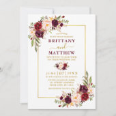 Invitation Aquarelle Bourgogne Floral Gold Frame Mariage (Devant)