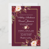 Invitation Aquarelle Bourgogne Floral Gold Frame Mariage (Devant)