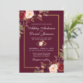Invitation Aquarelle Bourgogne Floral Gold Frame Mariage (Debout devant)