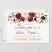 Invitation Aquarelle Bourgogne Floral Gold Graduation Party (Devant)