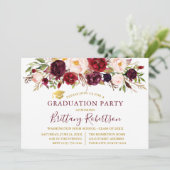 Invitation Aquarelle Bourgogne Floral Gold Graduation Party (Debout devant)