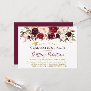 Invitation Aquarelle Bourgogne Floral Gold Graduation Party