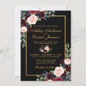 Invitation Aquarelle Bourgogne Floral Gold Photo Mariage (Devant)