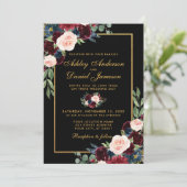 Invitation Aquarelle Bourgogne Floral Gold Photo Mariage (Debout devant)