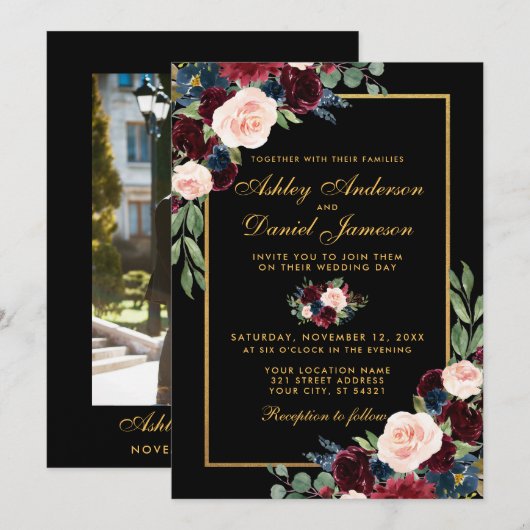 Invitation Aquarelle Bourgogne Floral Gold Photo Mariage (Devant / Derrière)