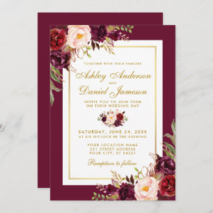 Invitation Aquarelle Bourgogne Floral Gold Wedding Inviter GB