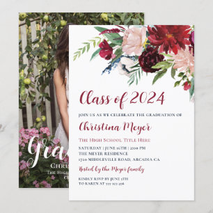 Invitation Aquarelle Bourgogne Floral Graduation Party Photo