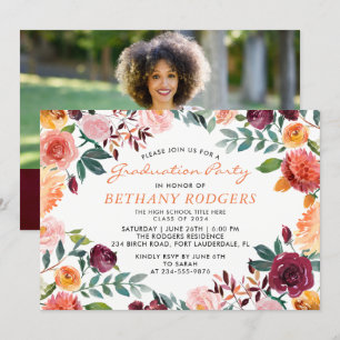 Invitation Aquarelle Bourgogne Floral Graduation Party Photo