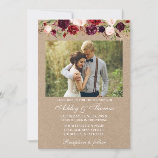 Invitation Aquarelle Bourgogne Floral Kraft Mariage photo (Devant)