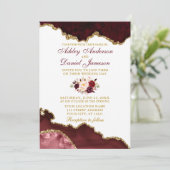 Invitation Aquarelle Bourgogne Floral Marbre Mariage (Debout devant)