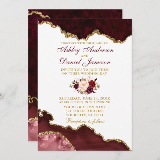 Invitation Aquarelle Bourgogne Floral Marbre Mariage (Devant / Derrière)