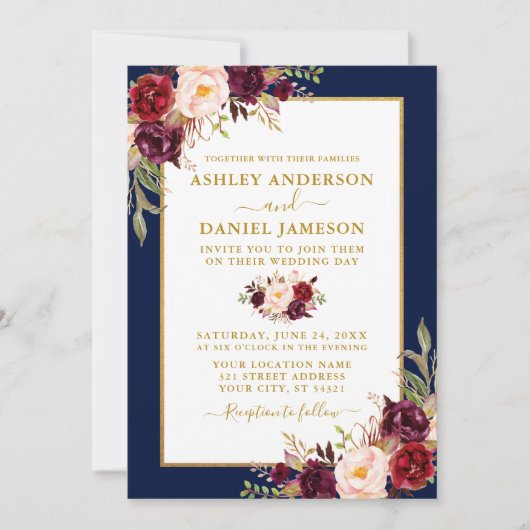 Invitation Aquarelle Bourgogne Floral Mariage Blue Gold (Devant)