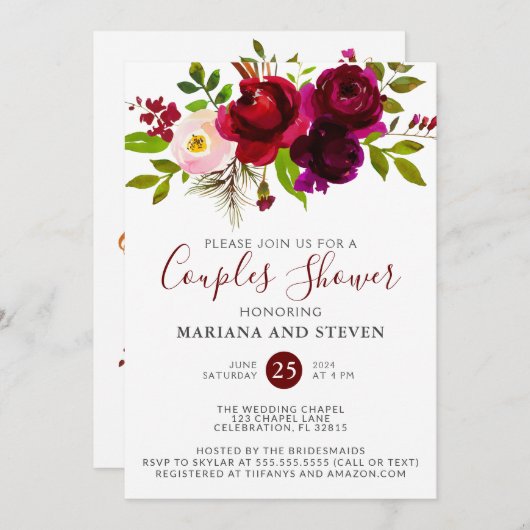 Invitation Aquarelle Bourgogne Floral Mariage Couples Douche (Devant / Derrière)