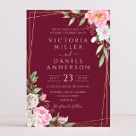 Invitation Aquarelle Bourgogne Floral Mariage géométrique or<br><div class="desc">Un élégant faire-part de mariage fleuri aux fleurs d'aquarelle rose vif et à la calligraphie manuscrite moderne sur un arrière - plan rouge bordeaux.</div>