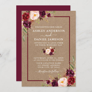 Invitation Aquarelle Bourgogne Floral Mariage Kraft