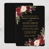 Invitation Aquarelle Bourgogne Floral Mariage noir et or (Devant / Derrière)