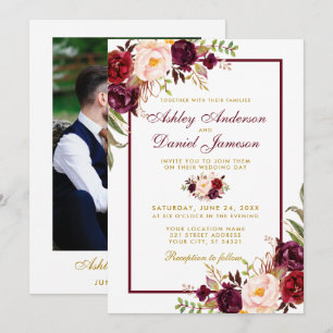 Invitation Aquarelle Bourgogne Floral Mariage Photo Gold B